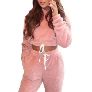 Cozy Teddy Lounge Casual Stretch Joggers Set in Rose
